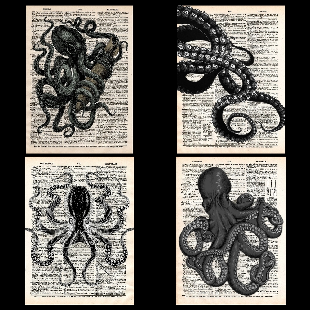 Black Octopus Dictionary Book Page Art